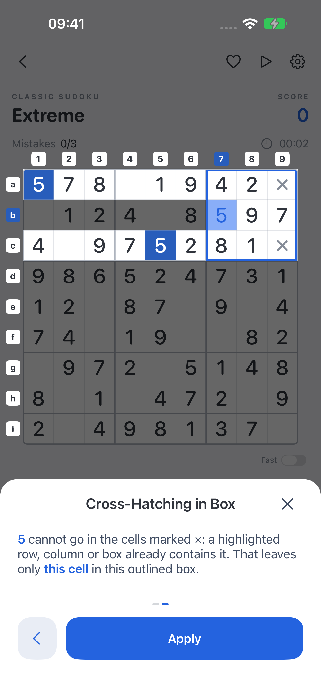 A guided Sudoku hint explaining the next move step by step
