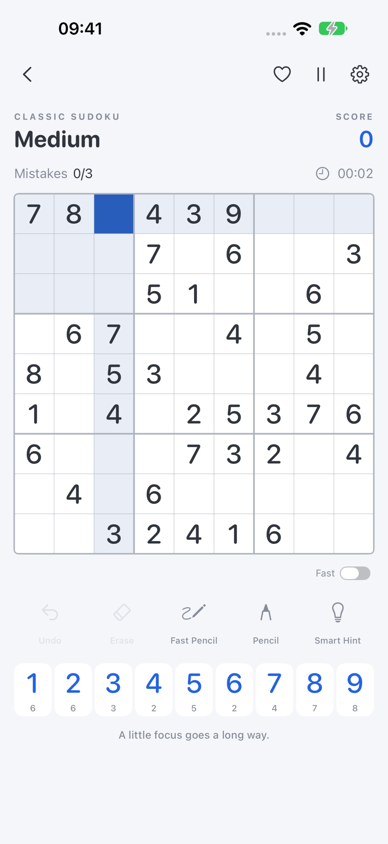 Classic 9 by 9 Sudoku puzzle with number controls and smart hints