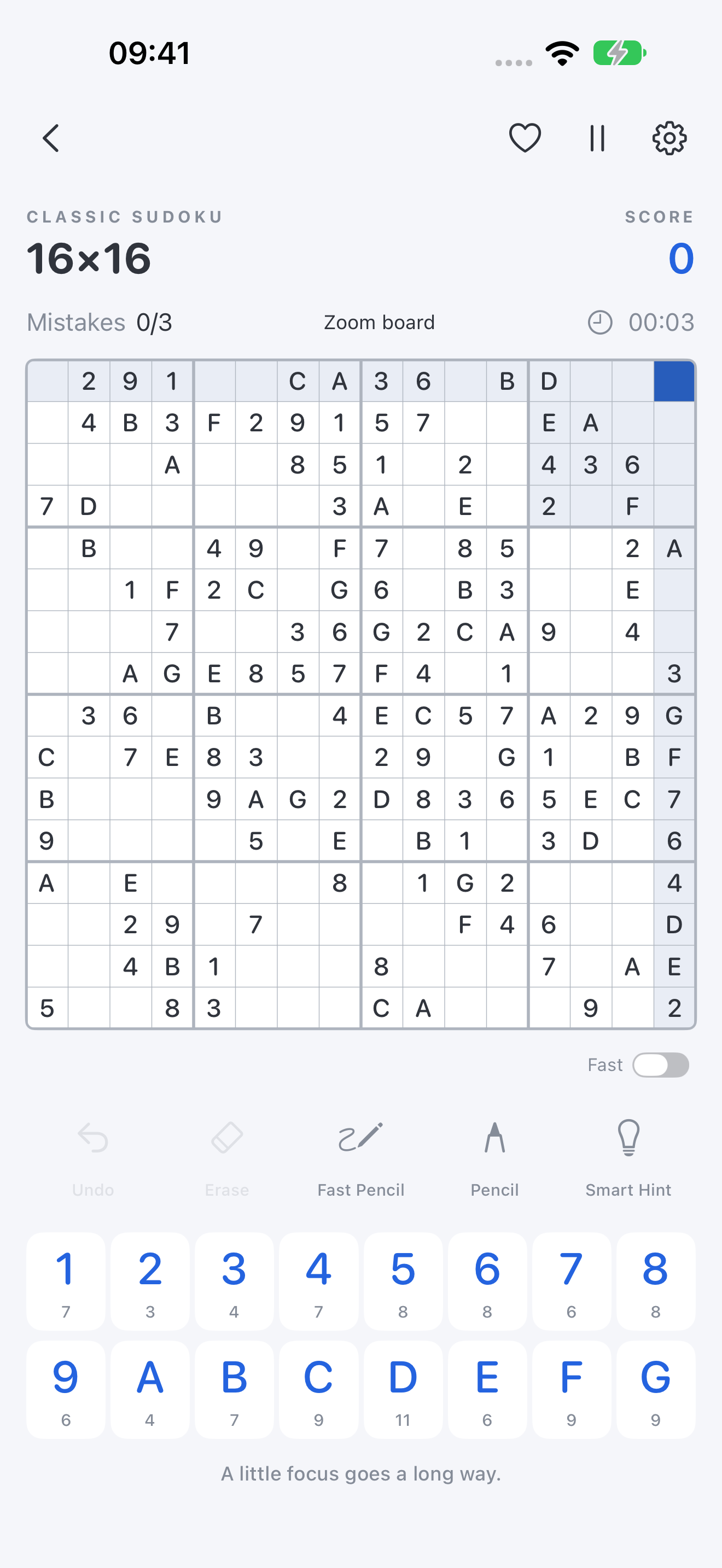 A 16 by 16 Hexadoku puzzle in the Sudoku iPhone app