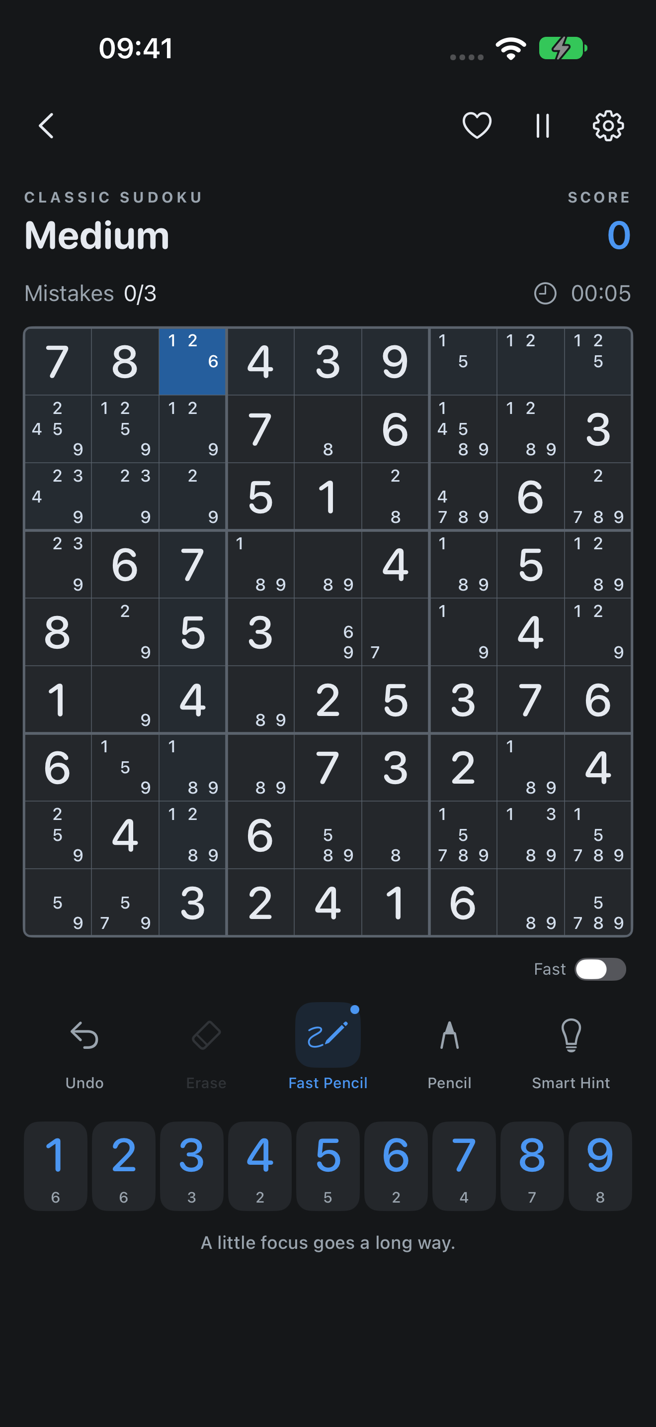Classic Sudoku with pencil notes in dark mode